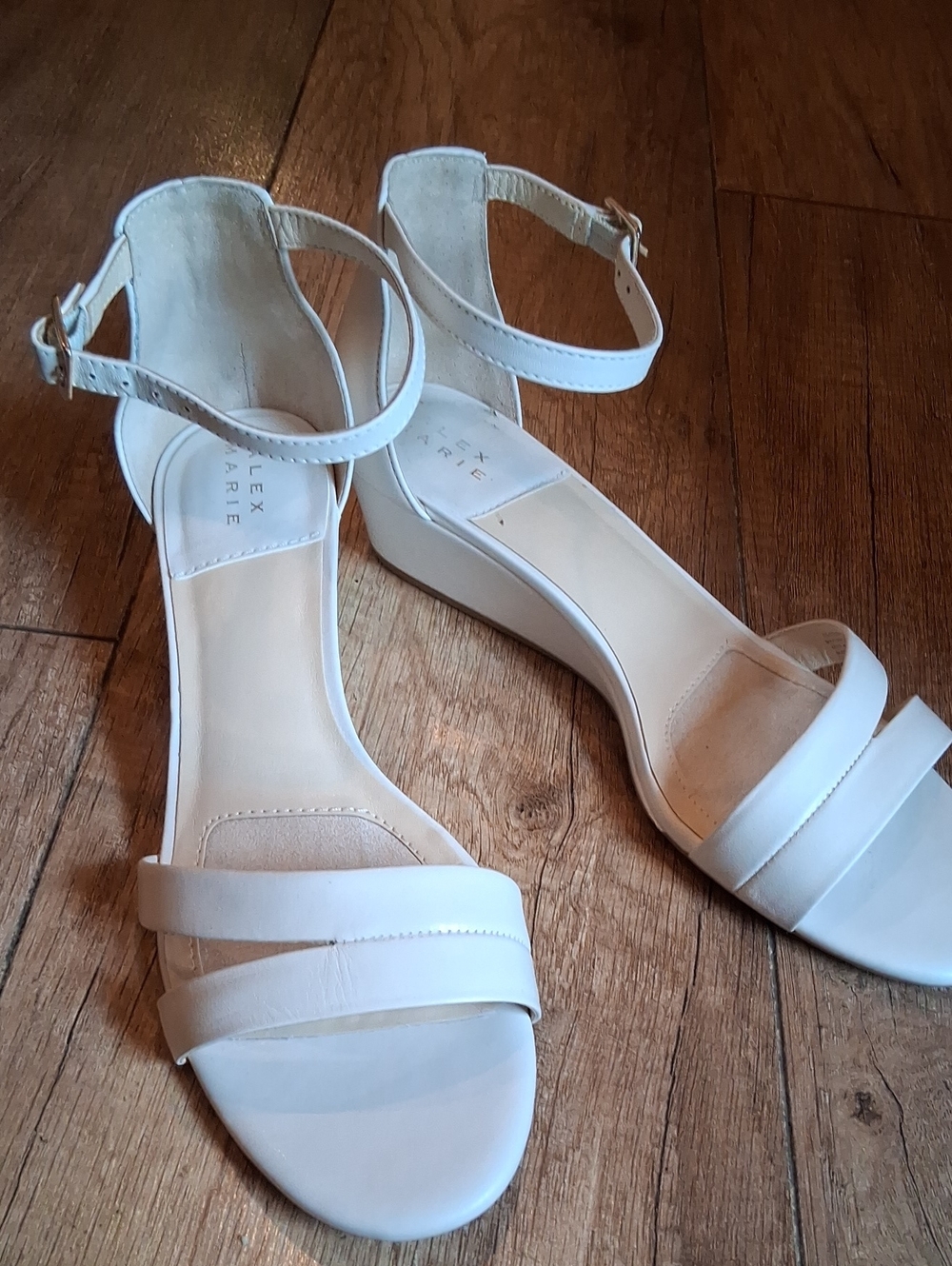 Alex Marie White Strappy Ankle-Wrap Wedge Sandals